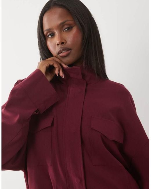 Kaiia Red Exclusive Funnel Neck Pocket Detail toggle Waist Tactical Bomber Jacket