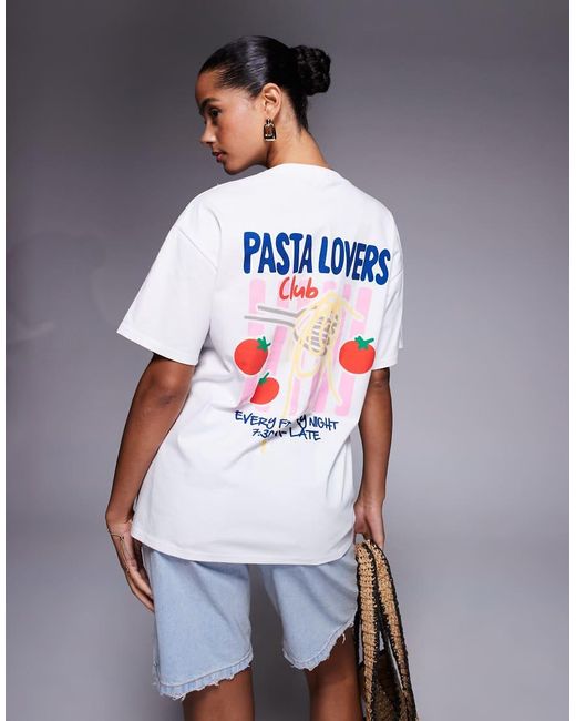 Kaiia Gray Exclusive Cotton Pasta Lovers Club Back Graphic Oversized T-Shirt