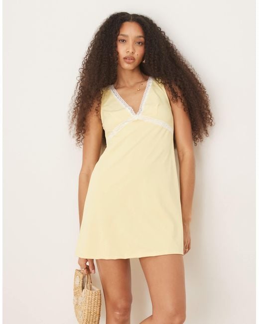 ASOS V Front Lace Insert Mini Dress in Natural | Lyst ASOS V Front Lace Insert Mini Dress in Natural | Lyst