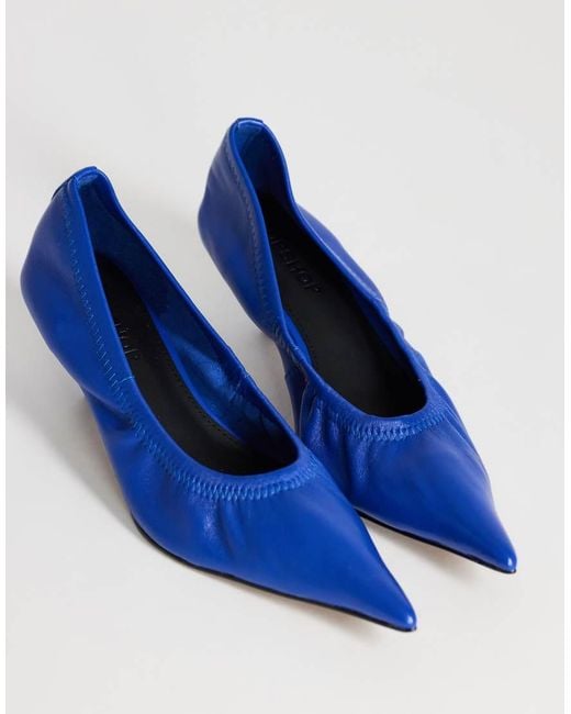 TOPSHOP Blue Arizona Real Leather Ruched Kitten Heel Court