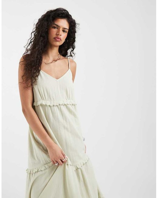 Vero Moda White Cotton Cami Tiered Maxi Dress With Scallop Edge Detail
