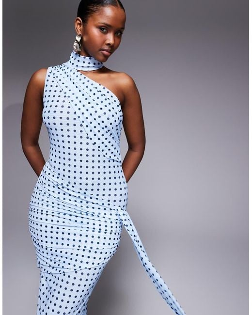 Ruched & Ready Blue One Shoulder Halterneck Scarf Detail Ruched Waist Maxi Dress