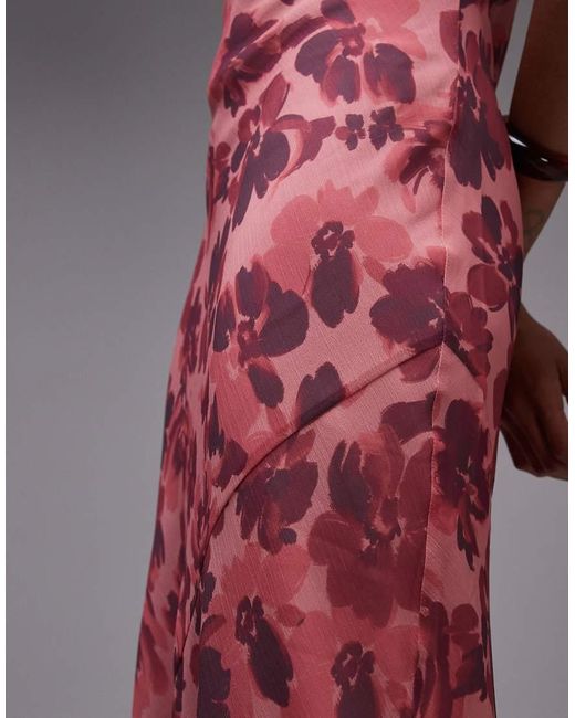 Vestito Lungo Strutturato A Doppio Strato A Fiori Con Scollo Ad Anello di TOPSHOP in Red