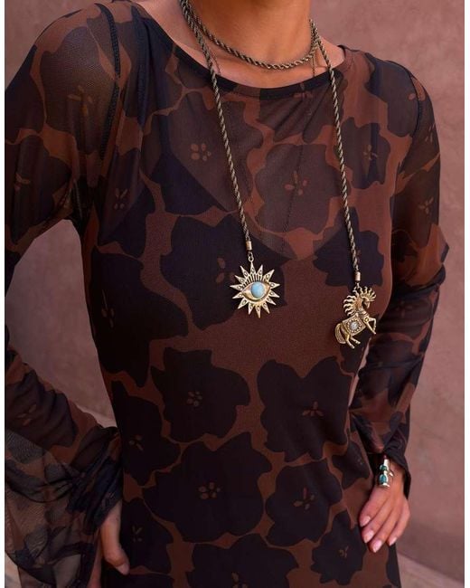 Never Fully Dressed Brown Mesh Long Sleeved Crew Neck Maxi Dress