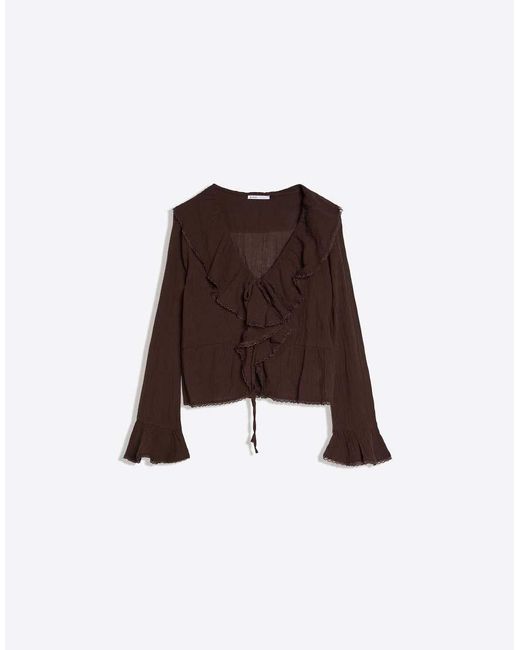 Bershka Black Rustic Long Sleeve Ruffle Blouse