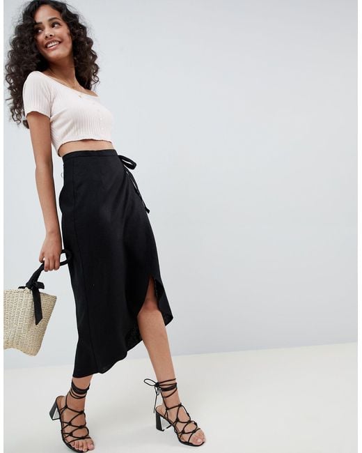 ASOS Wrap Midi Skirt With Tie Side in Black Lyst UK