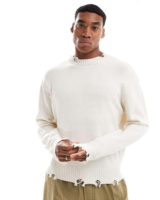 Bershka White Distressed Knitted Jumper for men