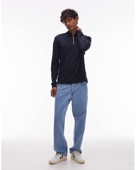 Tommy Hilfiger Blue Zip Long Sleeve Rugby Polo Shirt for men