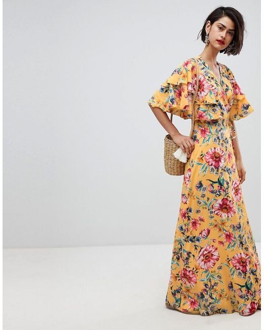 Vero Moda Yellow Floral Maxi Dress With Frill Sleeve