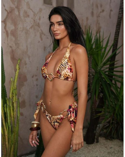 Moda Minx Black X Zoe Servini Floral Print Halterneck Bikini Top With Hardware Detail