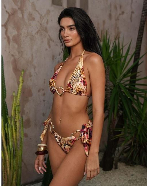 Moda Minx Brown X Zoe Servini Floral Print Tie Side Bikini Bottom With Hardware Detail