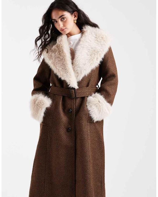 ASOS White Textured Longline Penny Lane Coat With Faux Fur Trim