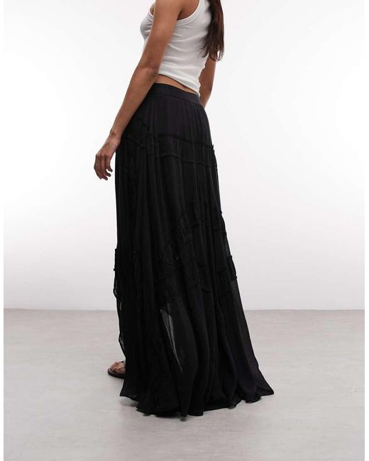 AllSaints Black Dorina Ruffle Lace Midi Skirt