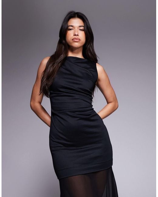 ASOS Blue High Neck Slash Draped Midi Dress With Chiffon Skirt