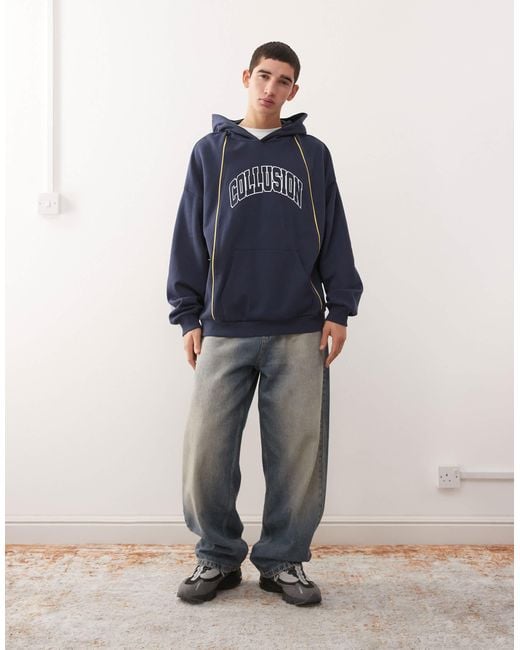 Collusion Blue Boxy Oversized Logo Hoodie With Piping for men