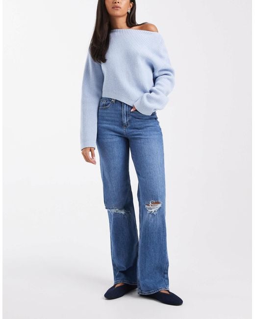 Vero Moda Blue Tessa High Waisted Wide Leg Jeans With Distressed Knees