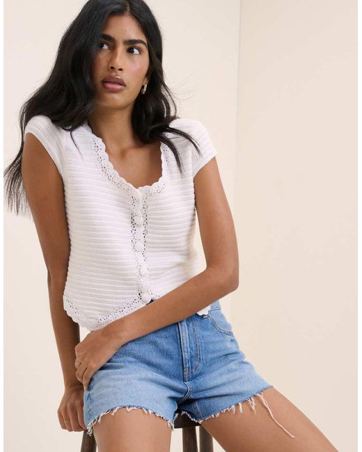Nobody's Child Natural Crochet Trim Short Sleeve Cardigan
