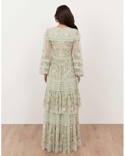 Maya Natural Floral Embroidery Long Sleeve Frill Maxi Dress