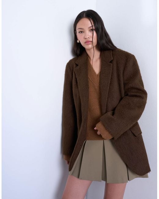 TOPSHOP Brown Long Brushed One Button Blazer Coat With Wool