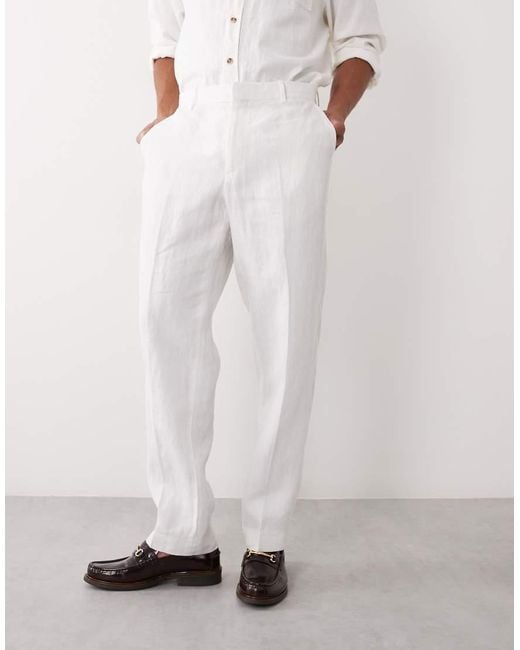 Mango White 100% Linen Front Pleat Trousers for men