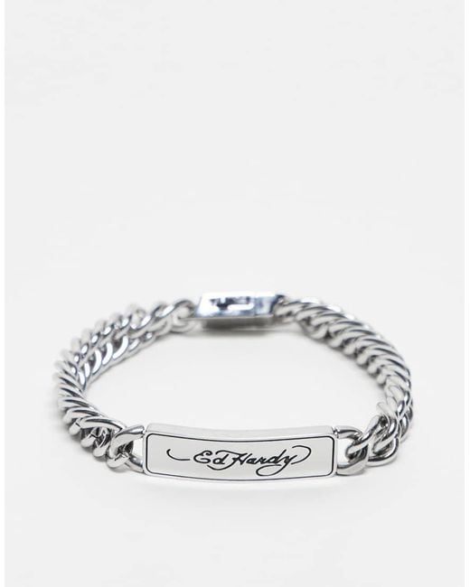 Ed Hardy Metallic Logo Stainless Steel Curb Chain Id Bracelet