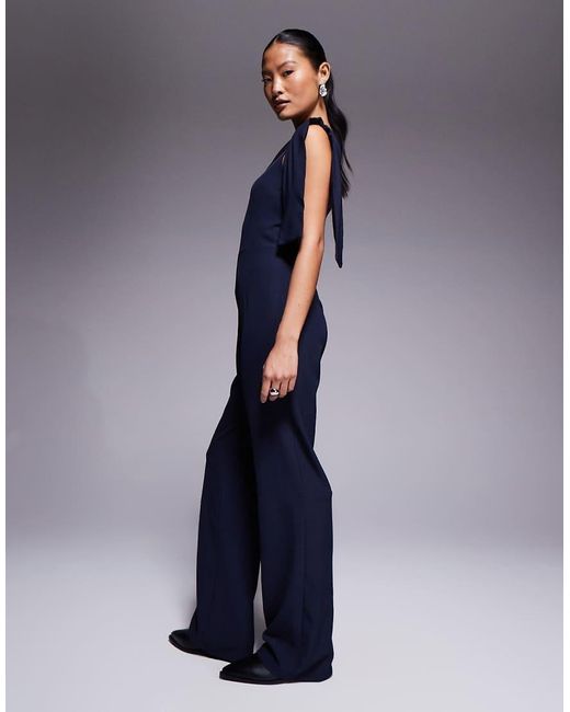 Vesper Petite Blue One Shoulder Wide Leg Jumpsuit