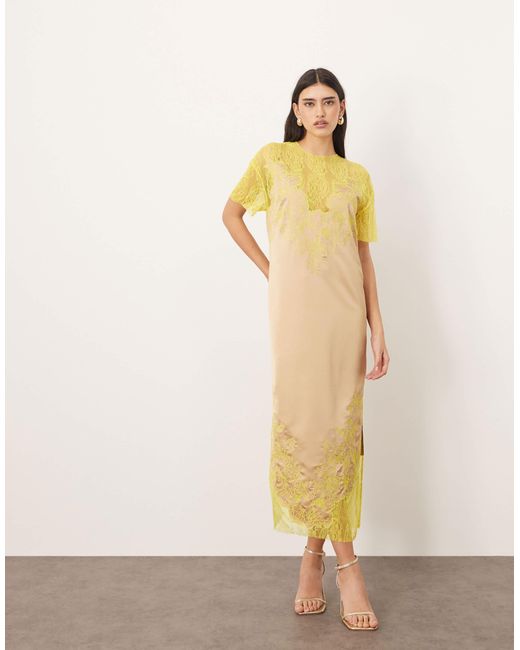 Robe colonne mi-longue en satin et dentelle brodée avec appliqués - taupe et citron vert ARRANGE en coloris Natural