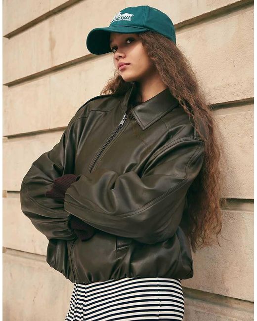 Bershka Green Leather Effect Balloon Jacket