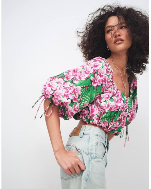 ASOS Multicolor Puff Sleeve Cropped Top