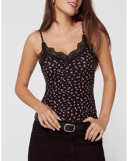 Tezenis Black V-Neck Camisole With Lace Insert