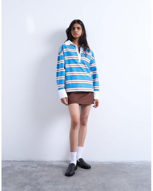 TOPSHOP Blue Long Sleeve Woven Polo Top