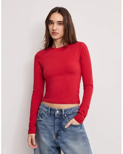 GOOD AMERICAN Red Cotton Rich Crew Neck Long Sleeve Top