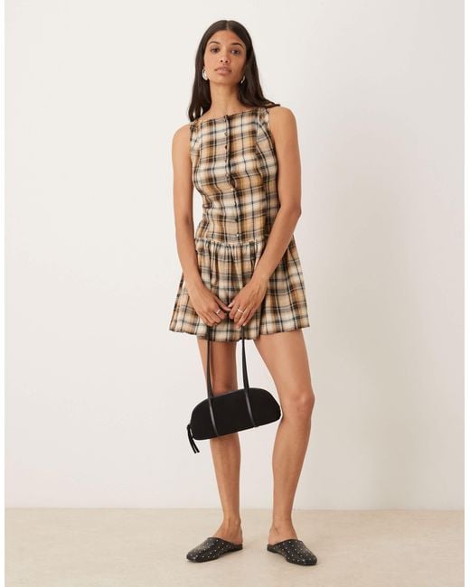 ASOS Brown Slash Neck Button Down Dropped Waist Mini Dress