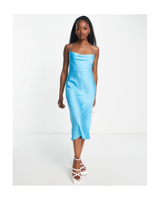 Stradivarius Satin Midi Slip Dress in Blue | Lyst