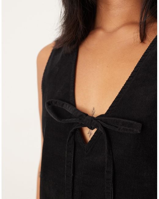 Nobody's Child Petite Black Nila Tie-Detail Cord Pinafore Mini Dress