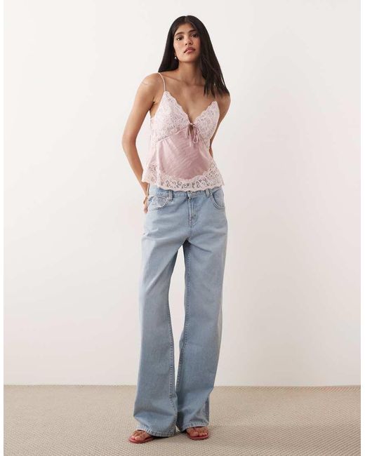 Abercrombie & Fitch Pink Satin V Neck Lace Detail Cami Top