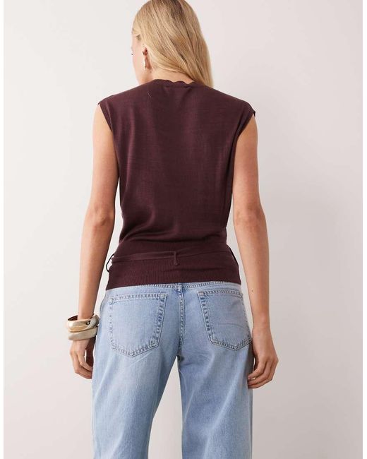 Mango Blue Sleeveless Tie Waist Knitted Top