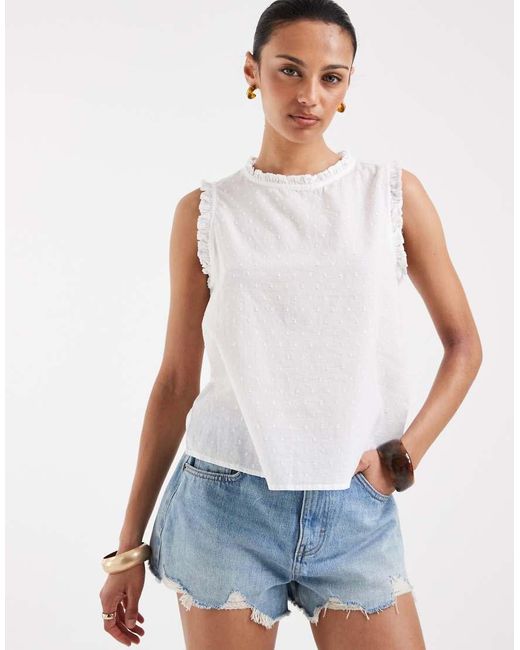 Vero Moda White Dobby Texture Ruffle Trim Sleeveless Top