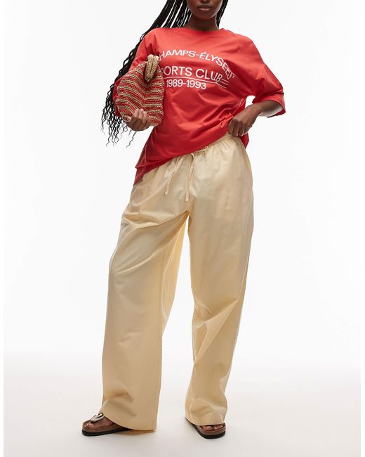 TOPSHOP Red Poplin Pull On Wide Leg Trouser