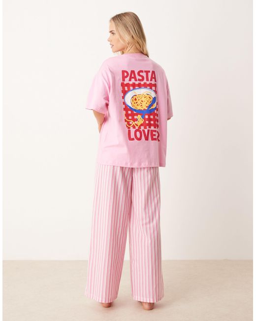 ASOS Pink Asos Design Petite Oversized Tee And Woven Wide Leg Pants Pajama Set