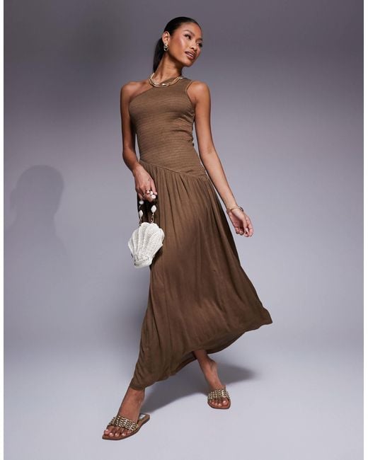 Robe asymétrique longueur mollet en tissu froissé avec taille basse corsage froncé - chocolat ASOS en coloris Brown