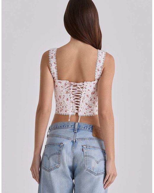 House Of Cb White Adina Rose Print Cotton Scallop Trim Corset Top