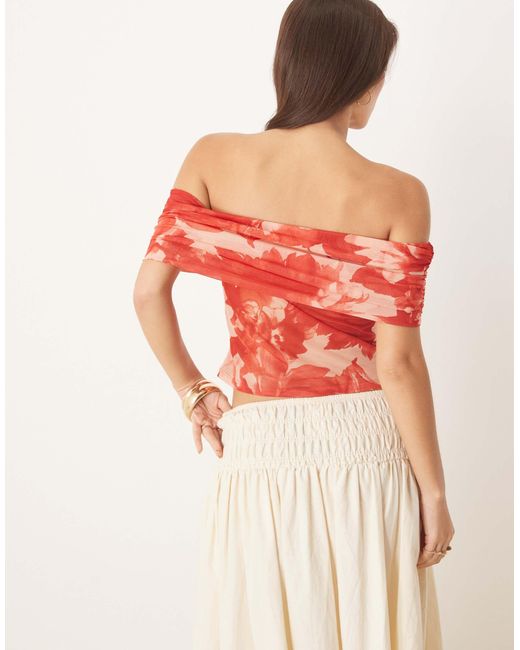 ASOS Multicolor Ruched Off Shoulder Bardot Mesh Top