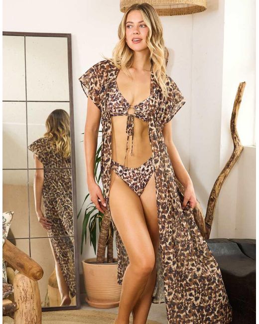 Wolf & Whistle Brown Zarah Animal Print Georgette Long Beach Kaftan