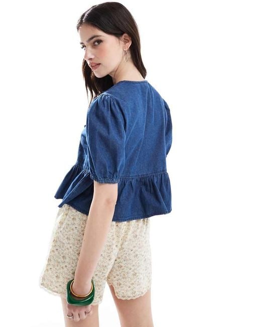 New Look Blue Denim Tie Front Top
