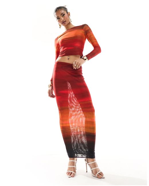 FARAI LONDON Red Cleo Mesh Long Sleeve Top And Midi Skirt Set