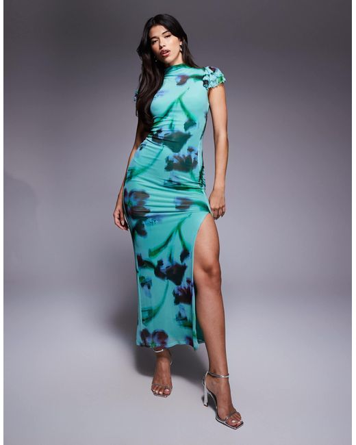 ASOS Blue Ruffle Sleeve High Split Print Mesh Maxi Dress