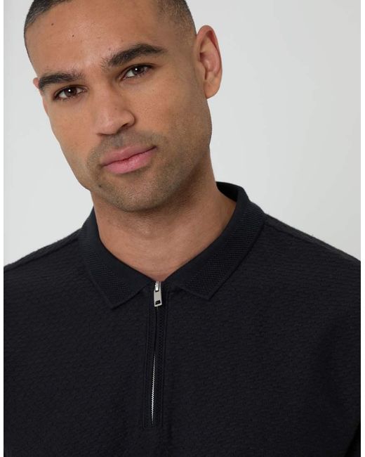 Threadbare Black Textured Cotton Quarter Zip Polo Shirt for men