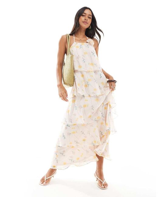 Pieces White Ruffle Tiered Maxi Dress With Corsage Detail