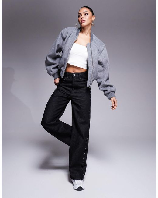 The Couture Club Gray Shoulder Pad Wool Blend Bomber Jacket